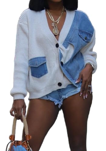 Vaceky Damen-Strickjacke mit Denim-Overlay, Grobstrick, Button-Down-Cardigans, aprikose, Einheitsgröße von Vaceky