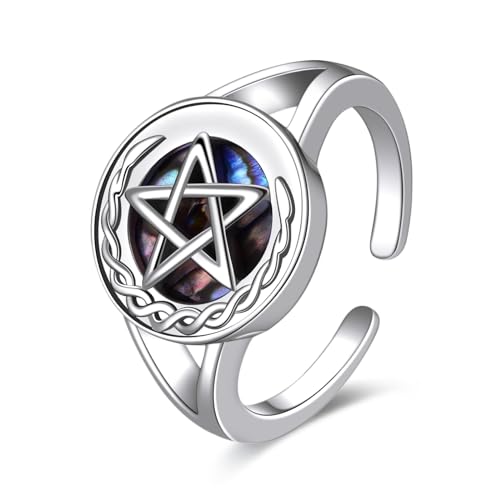 Pentagramm Ring für Damen Sterling Silber Abalone Muschel keltischer Knoten Halbmond Ring Wicca Heidnischer Ring Schmuck Geschenke für Mutter und Freunde (Pentagramm Ring-7) von Vadmans