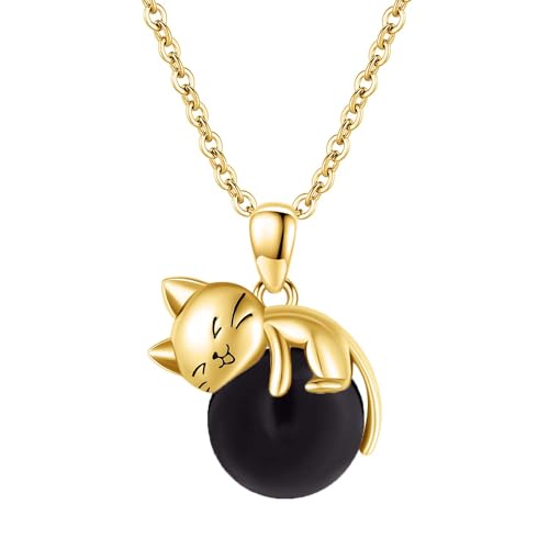 Vadmans Gold Katze Kette für Damen 925 Sterling Silber Schwarz Onyx Katzen Anhänger Halskette Katze Liebhaber Schmuck Geschenke für Mädchen von Vadmans