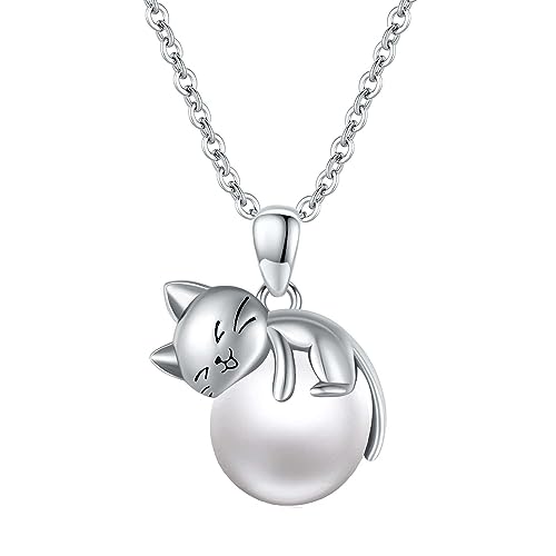 Vadmans Katze Kette für Damen 925 Sterling Silber Perle Katzen Anhänger Halskette Katze Liebhaber Schmuck Geschenke für Mädchen von Vadmans