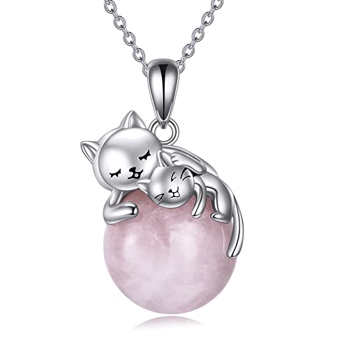Vadmans Zwei Katze Kette für Damen 925 Sterling Silber Rosen Quarz Katzen Anhänger Halskette Schmuck Geschenke für Mädchen von Vadmans