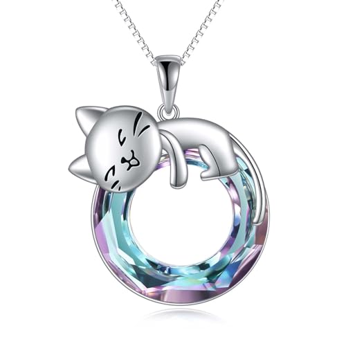 Vadmans Katze Kette für Damen 925 Sterling Silber Katzen Anhänger Halskette Lila Kristall Schmuck Geschenke für Mädchen von Vadmans