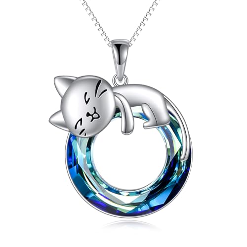 Vadmans Katze Kette für Damen 925 Sterling Silber Katzen Anhänger Halskette Blau Kristall Schmuck Geschenke für Mädchen von Vadmans