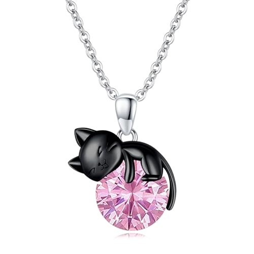 Vadmans Schwarze Katze Kette für Damen Sterling Silber Oktober Katze Geburtsstein Halskette Anhänger Geschenk für Damen Mädchen von Vadmans