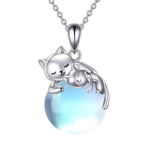 Vadmans Zwei Katzen Kette für Damen 925 Sterling Silber Mondstein Katzen Anhänger Halskette Mutter Tochter Schmuck Katzen Liebhaber Geschenke für Mädchen von Vadmans