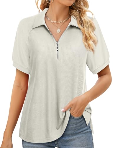 Vafoly Blusen Tuniken für Damen Kurzarm Sommer Oberteile Business Tunika Shirt Lässig Blusen mit Reißverschluss V-Ausschnitt Einfarbig Silberne Birke M von Vafoly