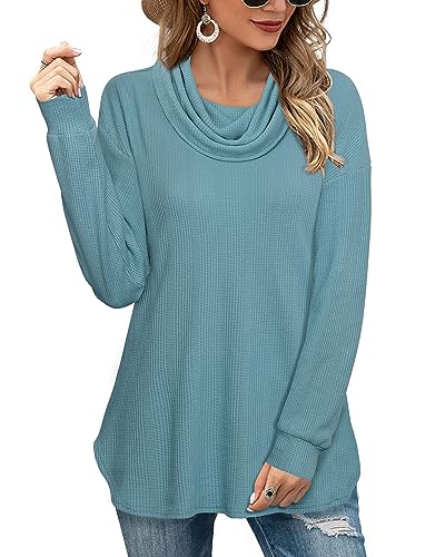 Vafoly Blau Pullover Damen Tunika Langarm Elegant lang Pullover Damen für Legging Langarmshirt Elegant Schalkragen Pulli Sweatshirts Damen Strickpullover Herbst Festlich Tunika Bluse Blue Grau XXL von Vafoly