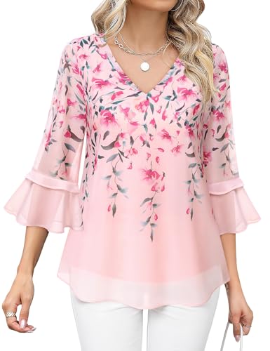 Vafoly Bluse Damen Elegant 3/4 Arm: Chiffon Tunika Damen Frühjahr Herbst Mode 2025 Neue Blusen für Die Mutter Der Braut Zur Hochzei Outfit für EIN Date Rosa Blume L von Vafoly