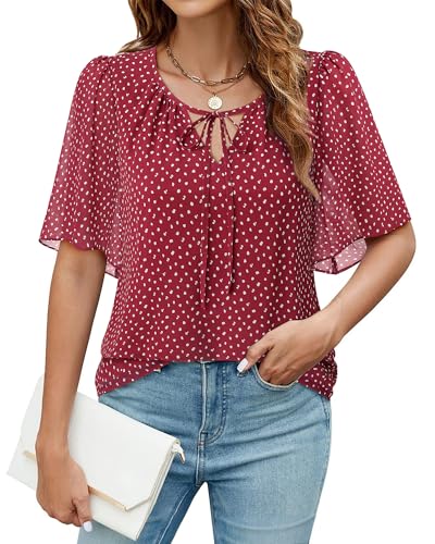 Vafoly Bluse Damen Elegant Festlich Kurzarm: Chiffon Bluse Frauen V-Ausschnitt Tunika Damen Sommer Boho 3/4 Arm Schulterfrei Flowy Boho-Top 2025 Frühling Rot Tupfen L von Vafoly