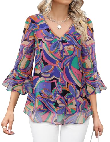 Vafoly Bluse Damen Elegant Festlich:Damenblusen 3/4 Arm Herbst MehrfarbigV-Ausschnitt Und Doppelter Lage Oberteile für Damen Frühjahr/Sommer/Herbst 2025 Klassisch Violett L von Vafoly