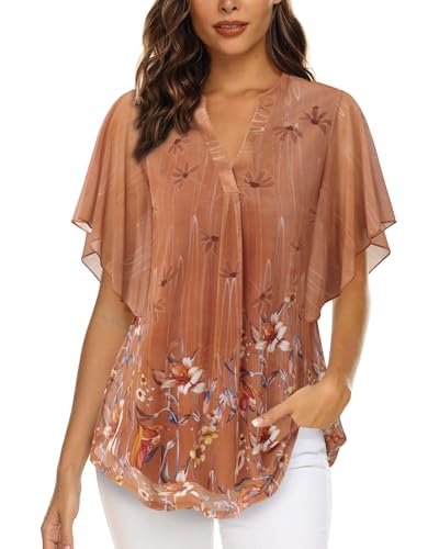 Vafoly Bluse Damen Elegant Kurzarm Sommer Tunika V-Ausschnitt Mesh Oberteil Blumen Doppellagige Tunika Orange L von Vafoly