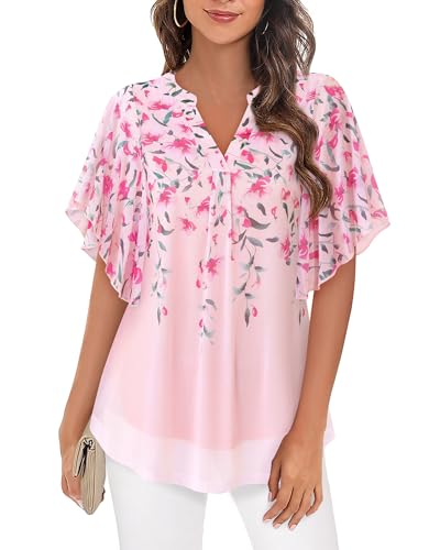 Vafoly Bluse Damen Elegant Kurzarm Sommer Tunika V-Ausschnitt Mesh Oberteil Damen Blumen Doppellagige Tunika Rosa Blumen XXL von Vafoly