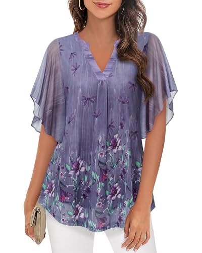 Vafoly Bluse Damen Elegant Kurzarm Sommer Tunika V-Ausschnitt Mesh Oberteil Damen Blumen Doppellagige Tunika Violett XL von Vafoly