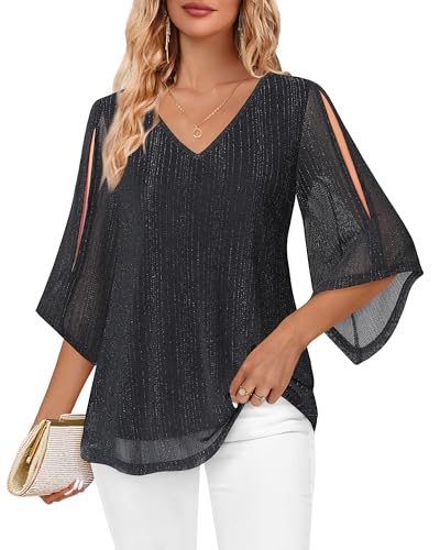 Vafoly Damen Bluse Elegant Schwarze:3/4 Arm Tunika Damen Kurzarm Sommer Festlich Loose Fit Neue Fahion Casual Business Oberteil - Große Größe Tunika für Arbeit Schwarz XXL von Vafoly