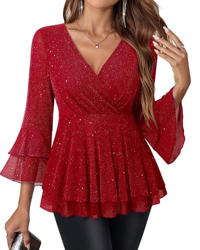 Vafoly Bluse Damen Festlich Herbst: Damen Bluse Elegant 3/4 Arm V-Ausschnitt Doppellagige Tunika Weihnachtsbluse mit Glitzer Tunika fur Hochzeitsgast Herbstmode 2025 Rot XXL von Vafoly