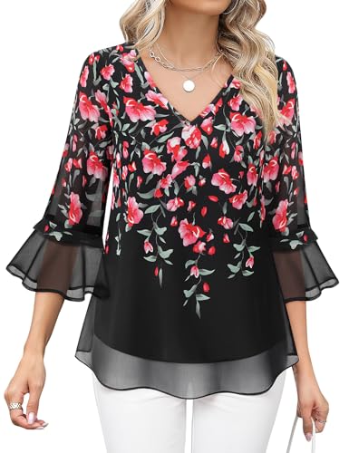 Vafoly Bluse Tunika Damen Elegant: Blusen mit Blumenmuster Chiffonblusen für Frauen Sommer Oberteil Freizeit Blusenshirt Leichte Flowy Mutter Der Braut Bluse Schwarze Blume M von Vafoly