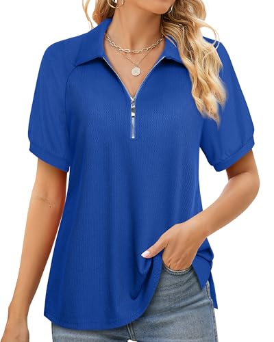 Vafoly Blusen & Tuniken für Damen Sommer Kurzarm Oberteil Business Casual Tunika Poloshirt Damen V-Ausschnitt Oberteile mit Reißverschluss Mode Trend Damen 2023 Victoria Blau M von Vafoly