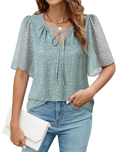 Vafoly Damen Chiffon Bluse Kurzarm: Frauen Blumen V-Ausschnitt Tunika Sommer Casual Boho-Top Festliche Blusen Damen Elegant 2025 Blau Blumen XL von Vafoly
