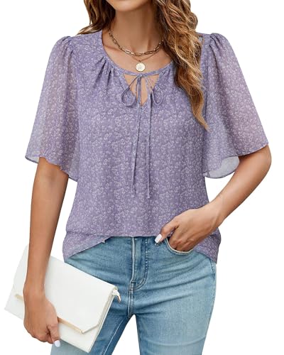 Vafoly Chiffon Kurzarm Bluse Damen: Tunika Damen Sommer Boho Damen Bluse Elegant Festlich Frühling Sommer V-Ausschnitt Casual Loose Fit Floral Doppellagige Tunika Lila Blumen L von Vafoly