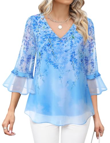 Vafoly Chiffon Tunika Damen Blumen: Blusen für Damen Elegant - 3/4 ärmel Oberteil Frauen Festival Outfit Business Casual Mode 2025 Trendige Doppellagig Weich Und Leichtes Blau Blume M von Vafoly