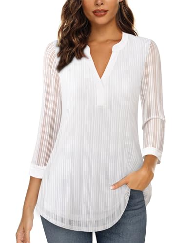 Vafoly Damen Bluse Blumen Tunika：Bluse Damen Elegant 3/4 Arm - Henley V-Ausschnitt Hemden - Casual Arbeit Oberteile - Locker Longshirt Lässige T-Shirt Langarm Hemd Bling Weiß L von Vafoly