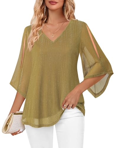 Vafoly Damen Bluse Sommer Kurzarm: Damen V-Ausschnitt Tunika Floral Tunika Top Elegant Festlich - Casual Leicht Neue 2025 Doppellagige Flowy 3/4 Arm Shirt Große Größe Moosgrün XXL von Vafoly