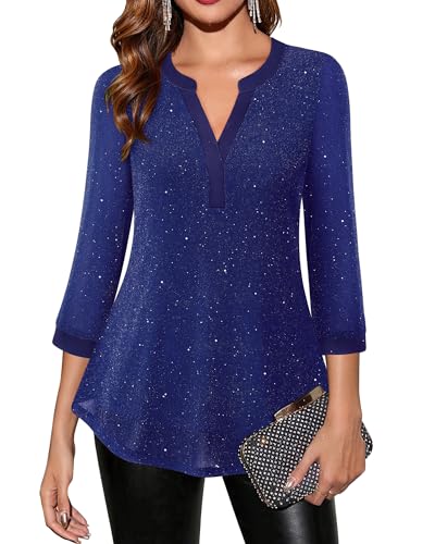Vafoly Tunika Damen Elegant, Business Casual Blusen für Frauen 3/4 Arm Henley V-Ausschnitt Tunika Tops zu Tragen mit Leggings Damen Arbeit Professionelle Büro Kleidung Blinken Blau XXL von Vafoly
