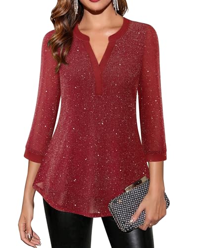 Vafoly 3/4-Ärmel-Shirts für Frauen Damen Henley V Ausschnitt Tunika-Oberteile lockere Passform Büroarbeitskleidung elegant lässig Damen Berufskleidung Leggings Oberteile Blinken Rot L von Vafoly