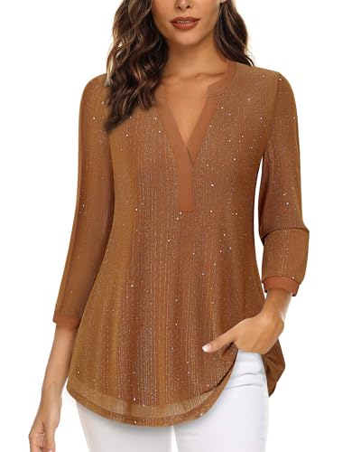 Vafoly Damen Blusen und Tops Dressy 3/4 Ärmel Tunika für Frauen Business Casual Oberteil für Office Wear Frühling Flowy Bluse Damen Elegant 3/4 Arm Tunika V-Ausschnitt Braun 3XL von Vafoly