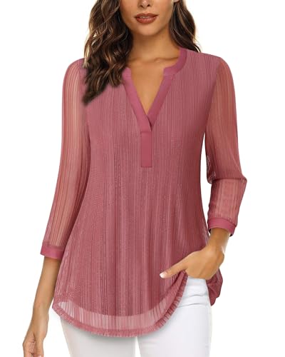 Vafoly Bauernblusen für Frauen Tunika Elegant Festlich 3/4 Ärmeln Split V Hals Arbeit Shirts für Frauen Business Casual Sommerkleid Damen mit Blumen Mode 2025 Rose M von Vafoly