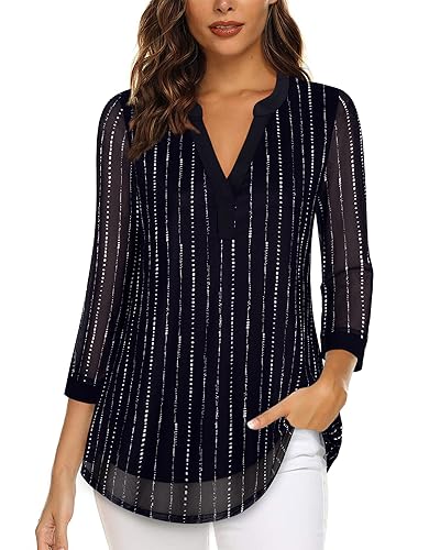Vafoly Damen-Oberteile mit 3/4-Ärmel und Blusen elegant Damen Business Casual Tuniken oder Tunika zu Tragen mit Leggings V-Ausschnitt tailliert fließende Mode Lange Hemden Schwarz Streifen L von Vafoly