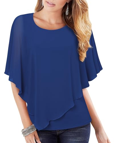 Vafoly Damen Chiffon Lose Fledermaus Bluse mit Kurzen Flatter ärmel Leichte Fließende Bluse Rundhalsausschnitt Doppellagige Poncho Tuniken Deep Blue 3XL Vafoly Damen Chiffon Lose Fledermaus Bluse mit Kurzen Flatter ärmel Leichte Fließende Bluse Rundhalsausschnitt Doppellagige Poncho Tuniken Deep Blue 3XL von Vafoly