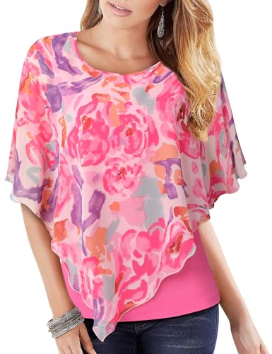 Vafoly Damen Chiffon Lose Fledermaus Bluse mit Kurzen Flatter ärmel Leichte Fließende Bluse Rundhalsausschnitt Doppellagige Poncho Tuniken Graffiti Rosa M von Vafoly