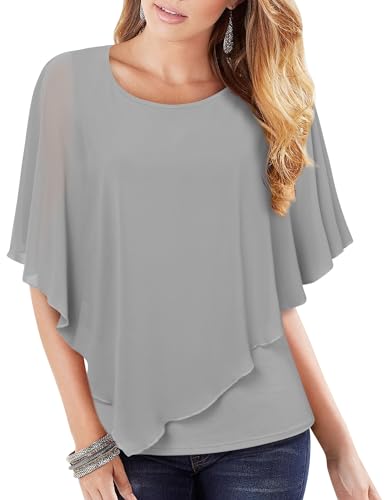 Vafoly Damen Chiffon Lose Fledermaus Bluse mit Kurzen Flatter ärmel Leichte Fließende Bluse Rundhalsausschnitt Doppellagige Poncho Tuniken Grau 3XL von Vafoly