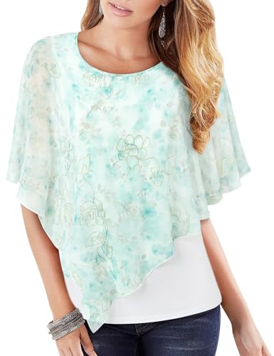 Vafoly Damen Chiffon Lose Fledermaus Bluse mit Kurzen Flatter ärmel Leichte Fließende Bluse Rundhalsausschnitt Doppellagige Poncho Tuniken Grün Blume L von Vafoly