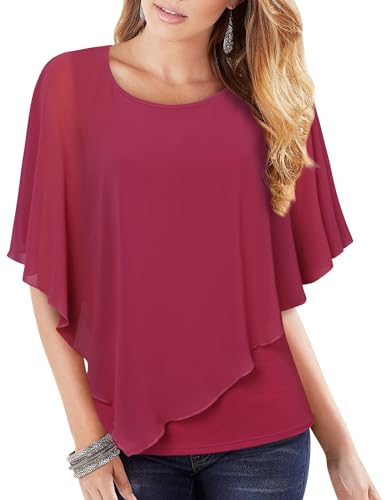 Vafoly Damen Chiffon Lose Fledermaus Bluse mit Kurzen Flatter ärmel Leichte Fließende Bluse Rundhalsausschnitt Doppellagige Poncho Tuniken Kirsche Rot XXL von Vafoly