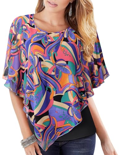 Vafoly Damen Chiffon Lose Fledermaus Bluse mit Kurzen Flatter ärmel Leichte Fließende Bluse Rundhalsausschnitt Doppellagige Poncho Tuniken Klassisch Violett XXL von Vafoly