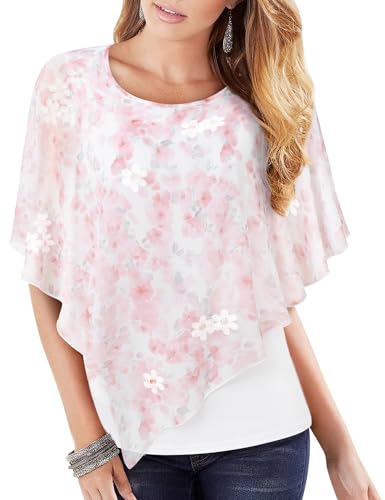 Vafoly Damen Chiffon Lose Fledermaus Bluse mit Kurzen Flatter ärmel Leichte Fließende Bluse Rundhalsausschnitt Doppellagige Poncho Tuniken Rose Blume XXL von Vafoly