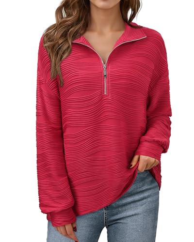 Vafoly Damen Half Zip Pullover Sweatshirt für Frauen Langarmshirt Modern Herbst Winter Kleidung Comfy Loose Fit Textured Blusen Einfarbig Festliche Rot M von Vafoly