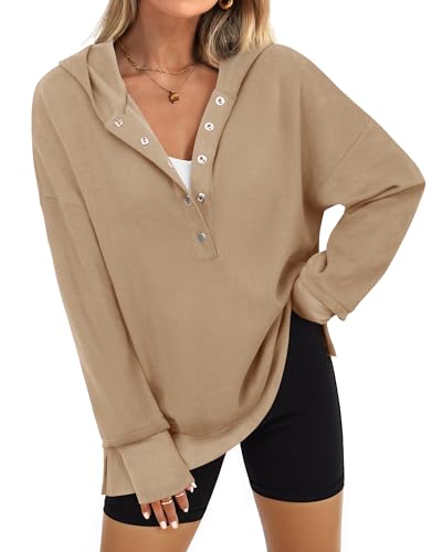Vafoly Damen Kapuzenpullover Braun Oversize: Kapuzenpulli mit Knopfleiste Damen V-Ausschnitt Langarm Hoodies für Damen Lang Basic Dehnbar Herbstmode Still Winter Warm Khaki L von Vafoly