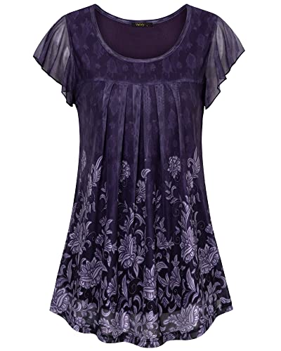 Vafoly Damen Sommer Bluse Tunika Rundhals Ausschnitt Blusen für Frauen Kurzarm Leichte Tunika Bluse mit Falten Lässig Mesh Doppellagige Shirt mit Flatterärmel Elegant 2023 Dunkelviolett 3XL von Vafoly