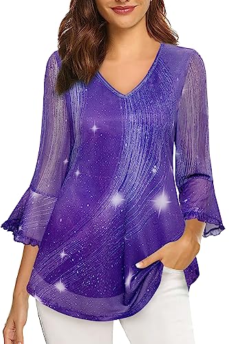 Vafoly Damen V-Ausschnitt Bluse 3/4 Ärmel Tunika Elegante Floral Print Blusen Elegante Damen Blumentuniken Top Zum Tragen mit Leggings Casual Doppellagige Mesh Oberteile Starlight Violett XXL von Vafoly