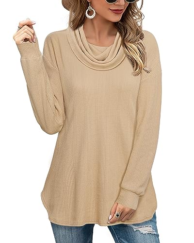 Vafoly Damenpullover Langarm Elegant Waffel Pulli Damen Herbst Winter Pullover für Damen Langarm Sweatshirt mit Schalkragen Einfarbig Strickpullover Tunika Damen Elegant Festlich Pullover Khaki M von Vafoly