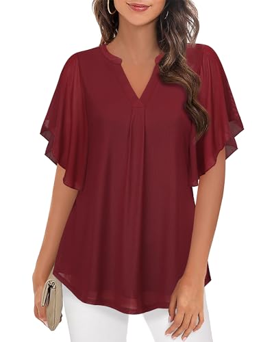 Vafoly Elegant Oberteil fur Damen V-Ausschnitt Bluse Vintage Sommer Fließende Tunika Flowy Ruschenarmel Fledermausblusen Mode 2024 Party Mehrlagige Formelle Arbeitsbluse Weinrot XL von Vafoly