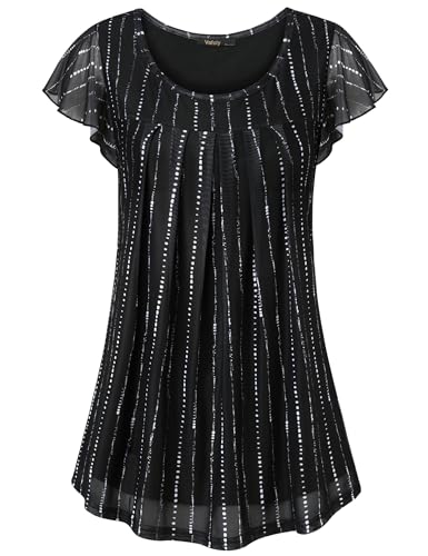 Vafoly Falten Blusen Damen Kurzarm Tunika Elegant Batwing Rundkragen Blusen Damen Sommer Chiffon Basic Oberteil Top Business Casual Mesh Doppellagige Shirt 2024 Schwarz Streifen 3XL von Vafoly
