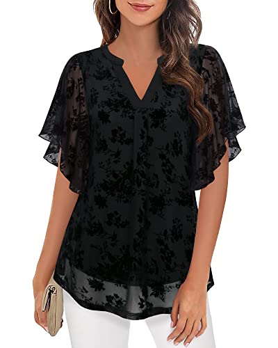 Vafoly Festliche Blusen Damen Sommer: Tunika Damen Bluse Elegant V-Ausschnitt Rüschenärmel Casual Arbeit Oberteil Loose Fit Blumen Tops Flowy Doppellagig Mesh Tunika Beflockte Schwarze XXL von Vafoly