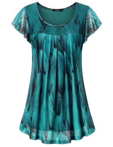 Vafoly Frauen Blusen Falten Kurzarm Shirt mit Rüschen Tunika Damen Casual Chiffon Oberteile Damen Größe Größen Frauen Elegant Tunika Frühling Pfau Blau XXL von Vafoly