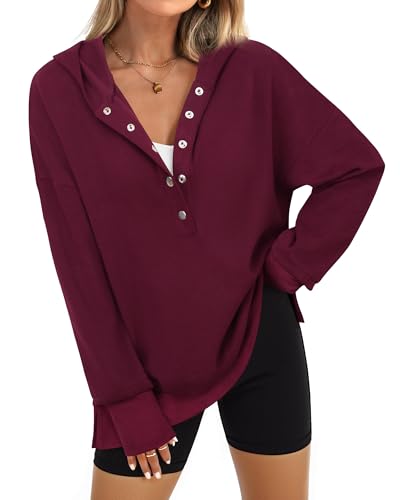Vafoly Hoodies für Damen Oversize: Damen Kapuzenpullover Lang Locker Knopfleiste Pullover Sweatshirt mit Kapuze Henley V-Ausschnitt Kapuzenpulli Chic Neujahrsgeschenke Dunkelrot L von Vafoly