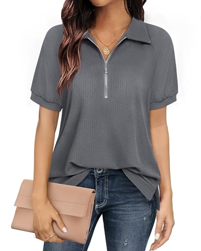 Vafoly Oberteil Grau Damen Kurzarm Bluse Frauen Oberteil V-Ausschnitt Business Casual Damen Tunika Top Reißverschluss Einfarbig Poloshirts für Damen Tops und Blusen Morandi Grau M von Vafoly