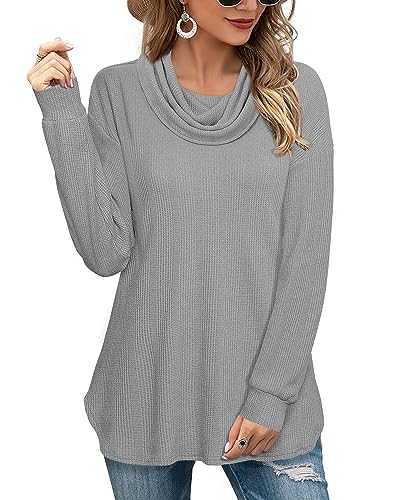 Vafoly Pullover Damen Strick Grau Elegante Pullover Damen Festlich Winter Casual Langarm Sweatshirt Frauen Schalkragen Tunika für Damen Sweatshirt Herbst Baumwolle Warm Waffel Tunika Bluse Grau L von Vafoly